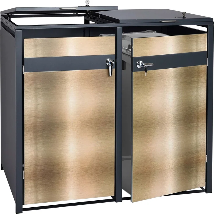 2er Mülltonnenverkleidung HWC-J82, Mülltonnenbox, erweiterbar, Metall 50kg, anthrazit ~ gold – Bild 1