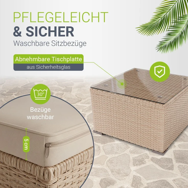 Juskys Polyrattan Lounge Punta Cana M creme – Gartenlounge für 3-4 Personen – Sitzgruppe mit Sofa, Tisch & Hocker - Sitzbezüge Sand – Bild 3