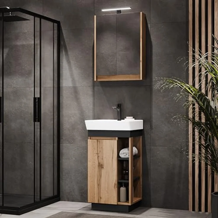 Planetmöbel Badmöbel-Set Nyx, (45cm Waschtisch mit Armatur & Spiegelschrank, 3-St), Badezimmer Waschtisch 45 cm – Bild 2