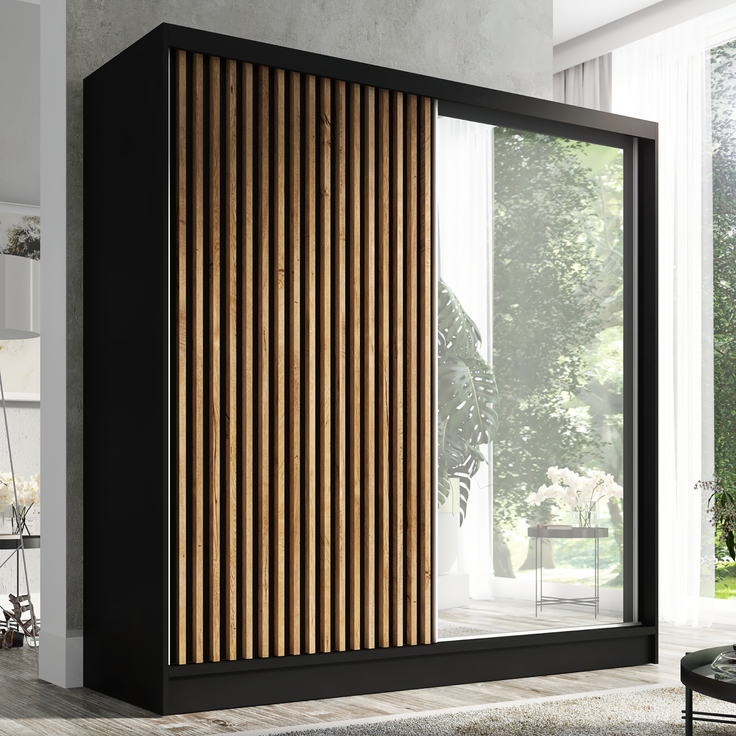 A&J MöbelLand Schwebetürenschrank LINA mit 3 Schubladen, 3D-Lamellen und Spiegel – Bild 2