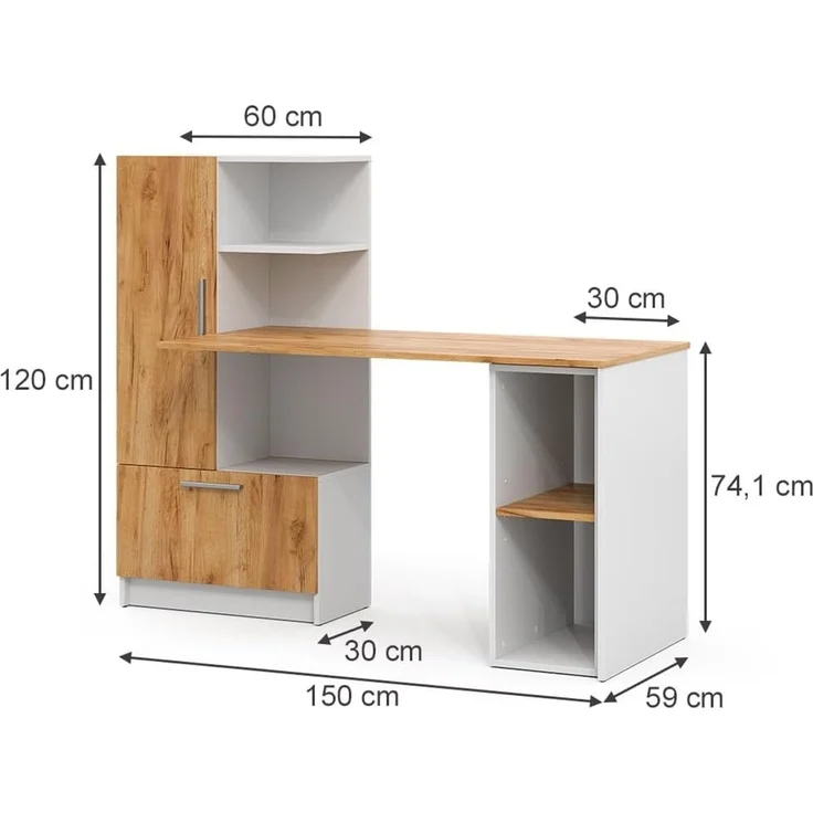 Schreibtisch Tomy Weiß/Goldkraft Eiche 150 x 59 cm 2er Set Vicco – Bild 3