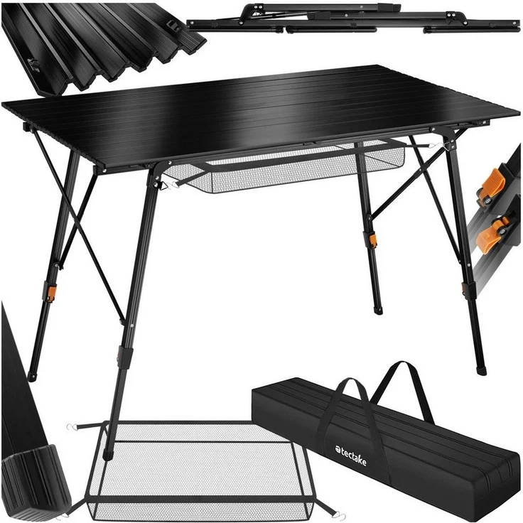 tectake® Campingtisch, Klapptisch aus Aluminium, aufrollbare XXL Tischplatte, Campingtisch faltbar, Reisetisch, Gartentisch, wetterfest, höhenverstellbare Beine, Tragetasche, 120x70,5 cm - schwarz – Bild 5
