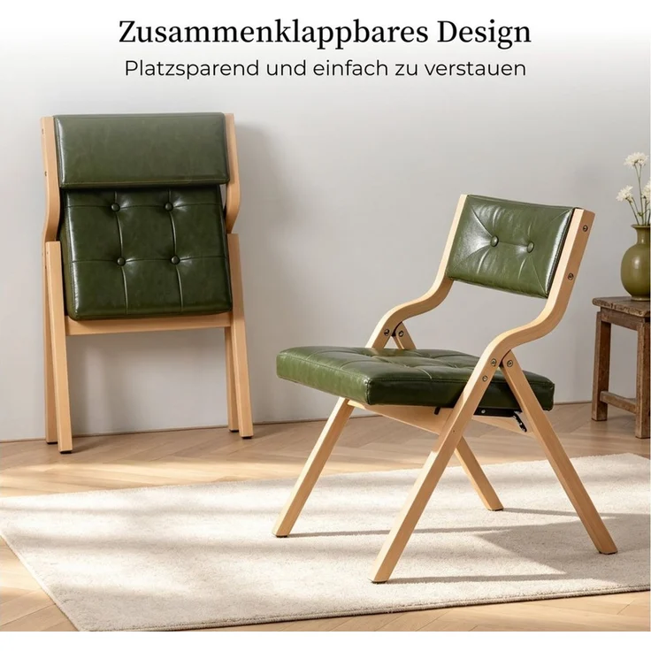 SeedWave Esszimmerstuhl 2er Set Klappstühle Kunstleder Faltstuhl mit Gebogenem Holzgestell (2er Set), Vintage-Lederoptik Folding Chair mit Knopfheftung, 130 kg belastbar – Bild 3