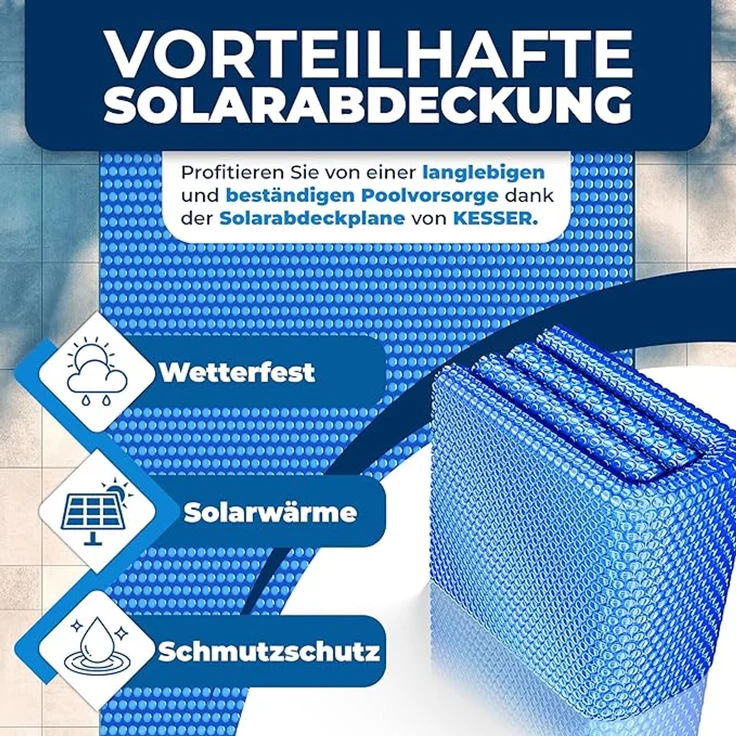 KESSER® Solarplane Poolabdeckung, flexibel, zuschneidbar, für Wassererwärmung, mit Schere, Lochzange & 12 Ösen Blau, 260 x 160cm – Bild 2