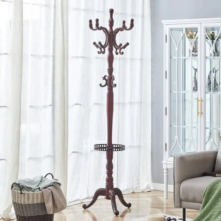 JUFU Garderobenständer aus massivem Buchenholz im klassischen Stil, 195 cm hoch, (1 St), mit Metallablage, abgerundeten Haken & stabilem Dreibein