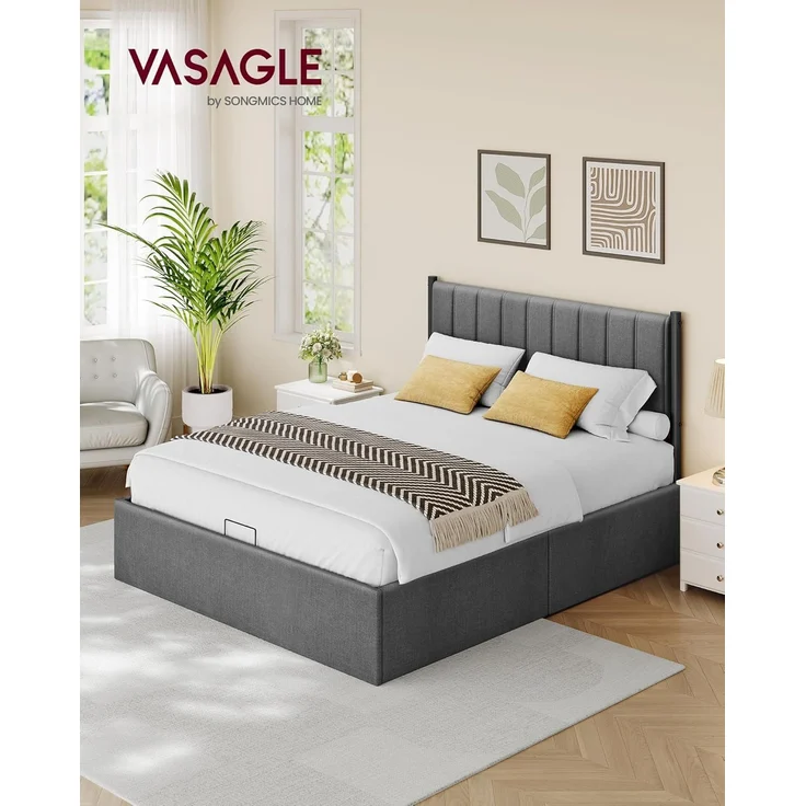 VASAGLE Bett, klappbar Lattenrost, Unterbettaufbewahrung, Kopfteil, Hydrauliksystem, dunkelgrau, 160 x 200 cm – Bild 3