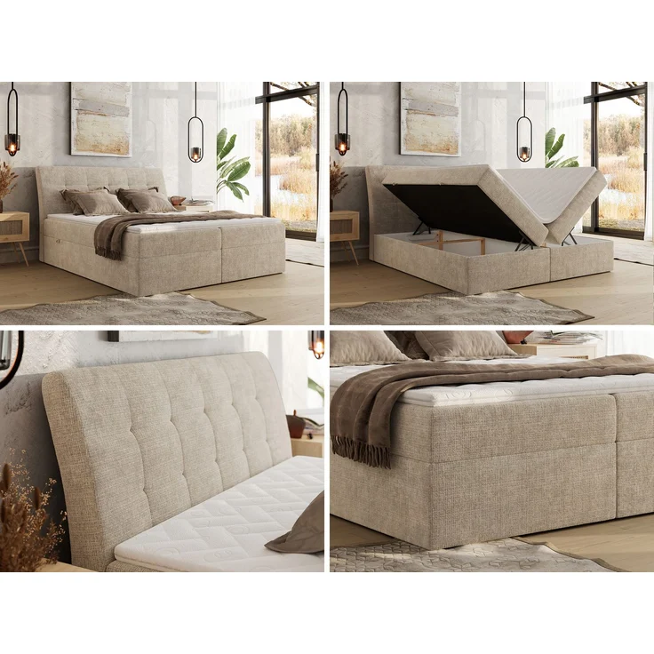 Boxspringbett DAGOS 140x200 cm mit Kopfteil, Lattenrost und Stauraum – Doppelbett mit Matratze & Topper Visco , stabile Konstruktion, Bettkasten, modernes Design - Beige Schenille grob gewebt - H4 – Bild 2