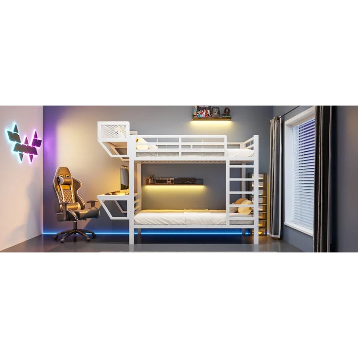 ZUBALIYA Metall-Etagenbett (90 x 200 cm) mit Schreibtisch und Ablagefächern, Lattenrost, platzsparendes Hochbett für Kinder, Jugendliche und Erwachsene, Weiß – Bild 15