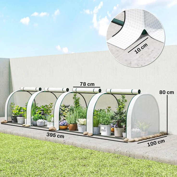 Wohnora-Mini-Gewächshaus für Tomaten, 4 x 1 x 0,80 m, Stahl, UV-beständiges PE, 4 Türen mit aufrollbaren Reißverschlüssen, weiß,H 800cm x T 1000cm x B 1000cm – Bild 4