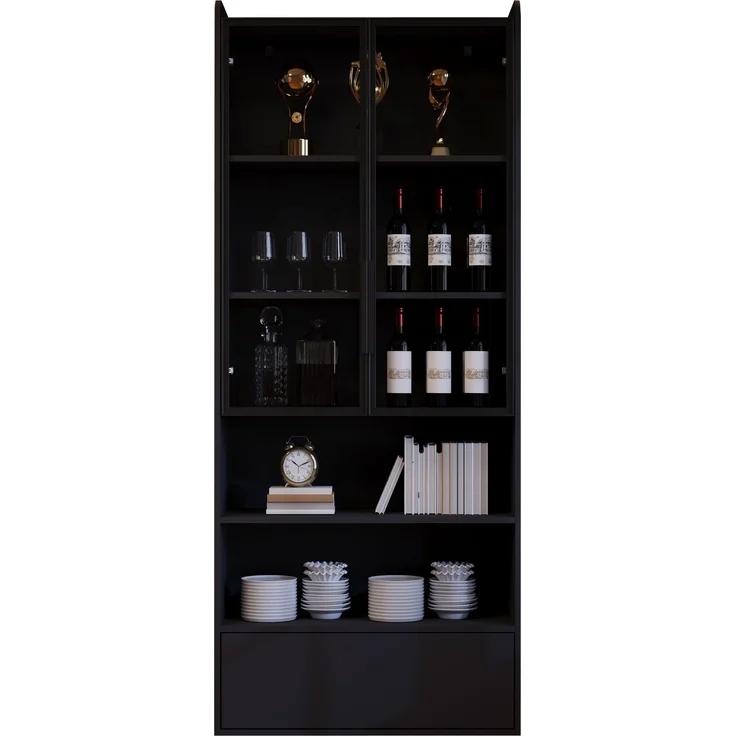 Vitrine 80x34x180 cm in Schwarz, Hochglanz-MDF mit Glastür, LED und Schublade – Bild 7