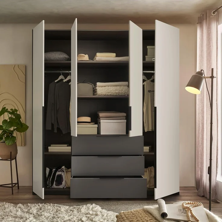 Stella Trading Nuka Kleiderschrank in Hellgrau, Graphit - Vielseitiger Drehtürenschrank 4-türig für Ihr Schlafzimmer - 201 x 226 x 60 cm (B/H/T) – Bild 6