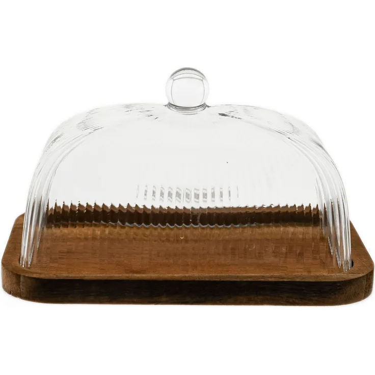 Butterdose mit Glasdeckel & Holzplatte - 16 x 10 x 10 cm