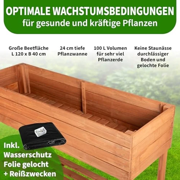 TTL GARDEN Balkon Hochbeet XL 120 x 40 x 80 cm aus Holz - Pflanzkasten & Blumenkasten mit Ablageboden & Folie - Tannenholz wetterfest - Pflanzbeet Kräuterbeet Blumenbeet für Garten Balkon Terrasse Braun – Bild 3