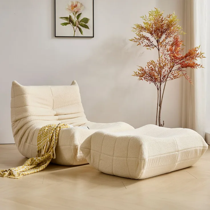 Loungesofa, Beige, Teddy-Vlies, hochdichter Schaumstoff, ergonomisch, 20 kg