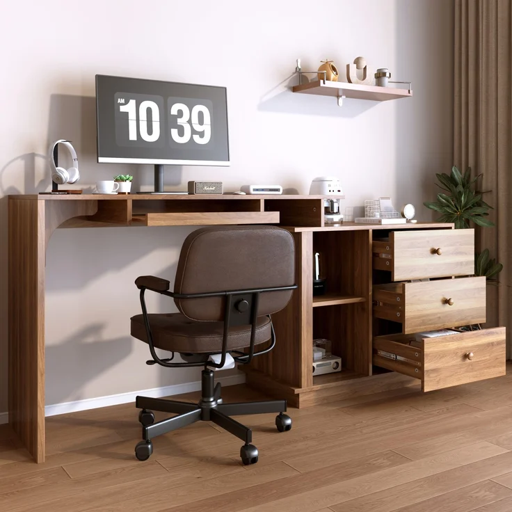 Moderner ausziehbarer Multifunktions-Computertisch mit ausziehbarer Platte, Tastaturauszug, offenen Fächern & Staurschrank mit 3 Schubladen, Schreibtisch für Heimstudium & Heimoffice--Nussbaum--76x40x75.5cm--YOUDENOVA – Bild 3