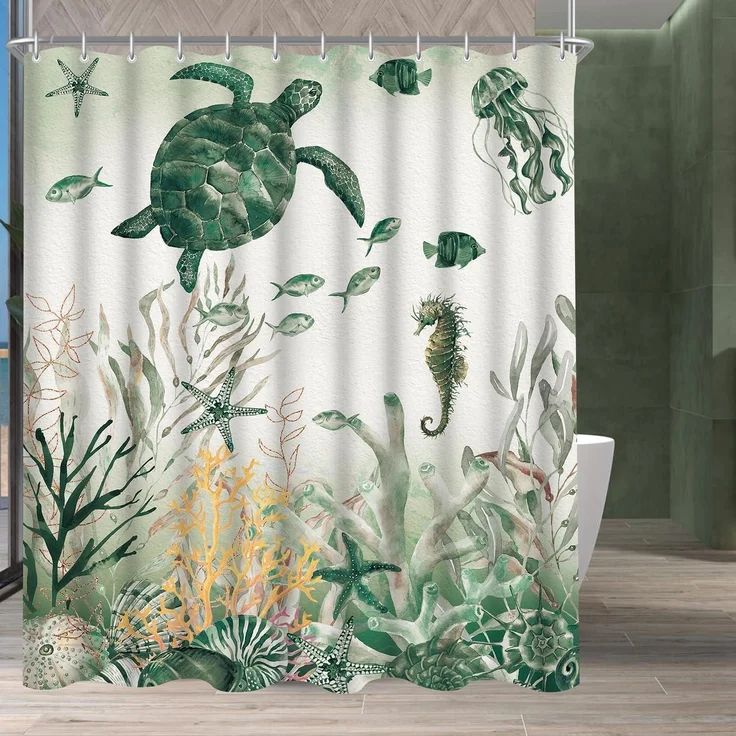 Duschvorhang 240x200cm Meeresschildkröte Antischimmel Textil Ösen Badewanne – Bild 1