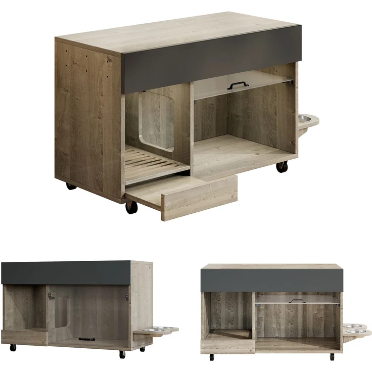 Bewegbarer Katzenkloschrank (Katzentoilettenschrank) – mit Katzenfuttertellern, Sandauffangschale, Lochplatte mit Hakenlöchern, ohne Katzenklo, 100×45,5×67 cm (antikgrau-braune Farbe, Eichenholzfarbe) – Bild 5