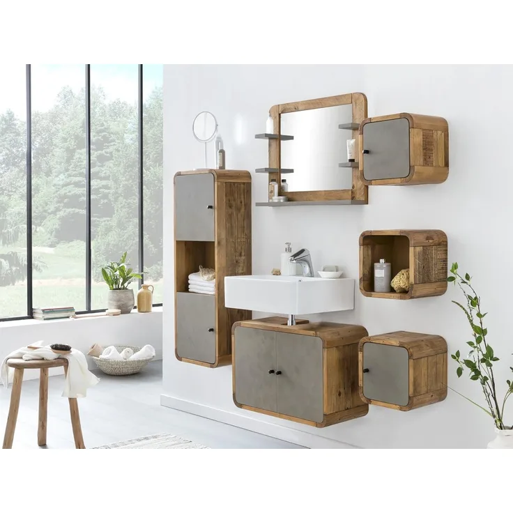 Badmöbelset massivum Dingle 6teilig recycelte Pinie MDF natur grau 137x110x30 cm Badset-Holz Betonoptik Badezimmer modern