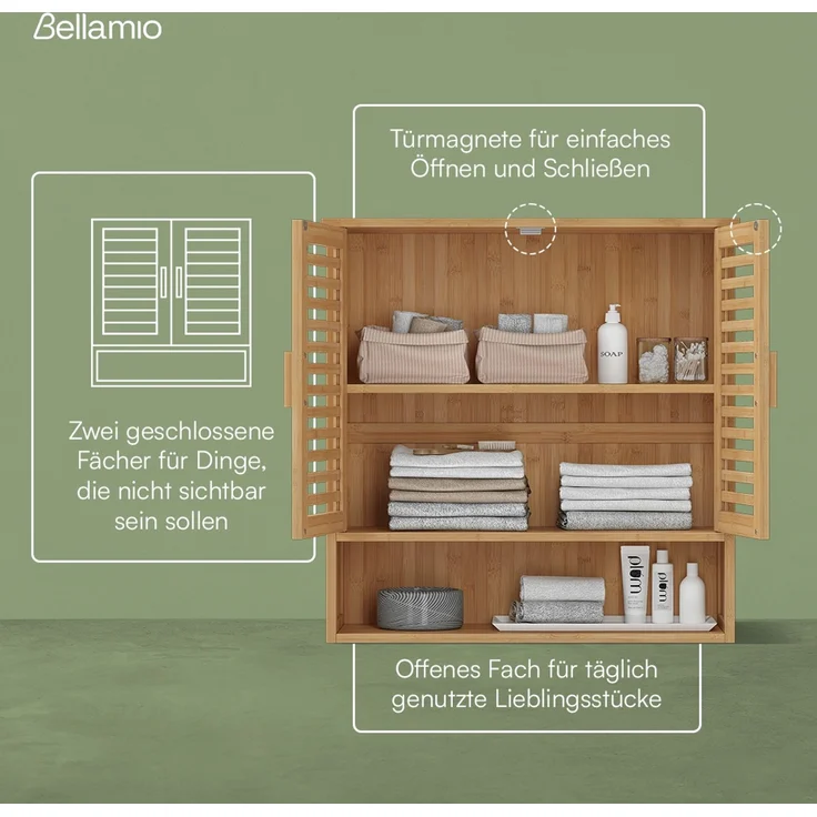 Bellamio 'Newa' Badezimmer Hängeschrank, Bambus, natur, 66x21x59 cm, Badezimmerschrank mit 3 Ablagefächern – Bild 4