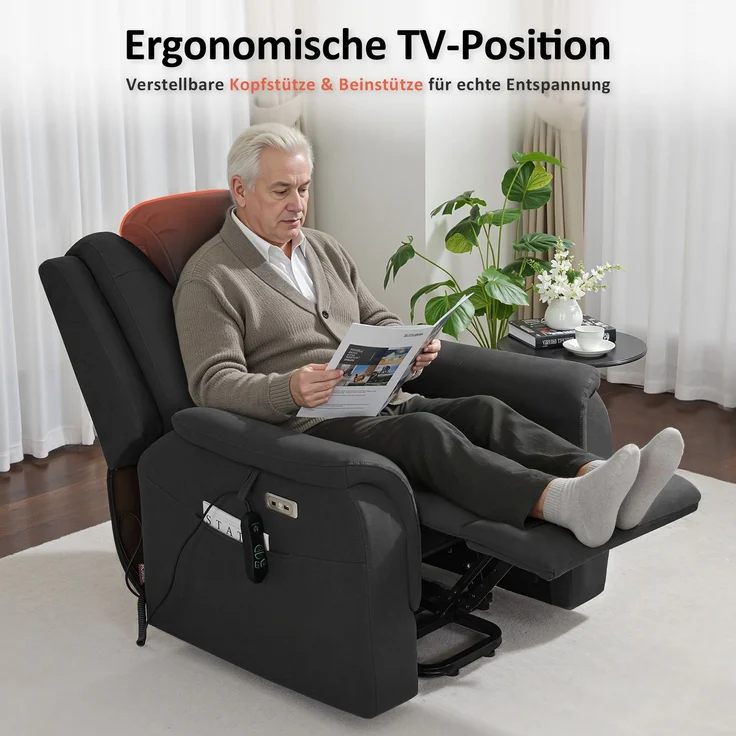 M MCombo Fernsehsessel mit Aufstehhilfe Elektrisch, 2 Rollen für Mobilität, Massage & Heizung, Verstellbare Kopfstütze, Sessel mit Aufstehhilfe 35D Vollschaum-Sitzkissen 7269 (Mikrofaser, Dunkelgrau) – Bild 2
