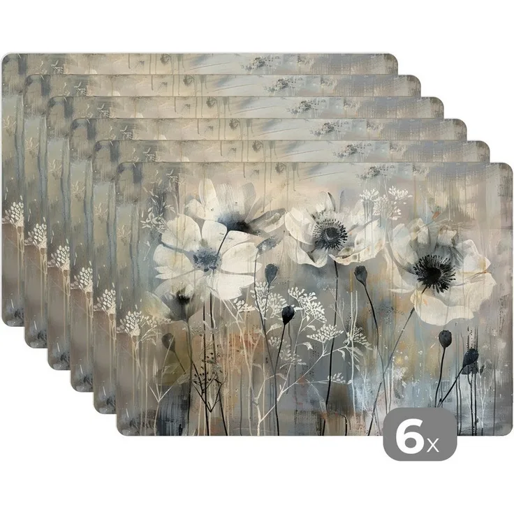 MuchoWow Platzset Blumen - Pflanzen - Grau - Abstrakt, (6-St), Platzsets, Tischset, Abwaschbar, Tischsets, Platzdeckchen