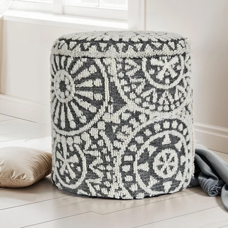 Sitzhocker rund Ø40x45cm Wolle Grau-Creme mit Stauraum Boho Design