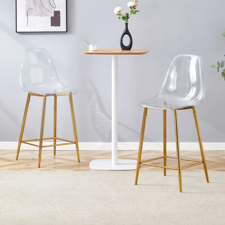Transparente Barhocker Set, 2er Pack, mit Metallgestell in Silber/Gold/Schwarz, Moderne Design-Stühle für Küche, Bar oder Esszimmer (Nur Stühle, ohne Tisch)--Gold2--51x45x102cm--YOUDENOVA – Bild 3