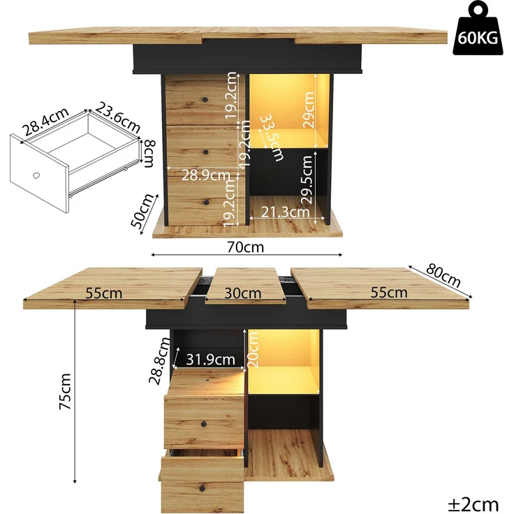 Abrihome Ausziehbarer Esstisch 110-140x80 cm für 4-6 Personen mit LED, Schwarz – Bild 8