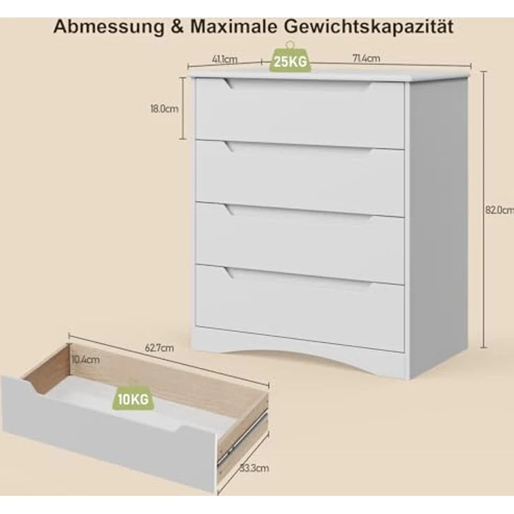 Bealife Kommode Weiß, Schlafzimmer Kommode mit 4 Geräumige Schubladen, Schrank mit Schubladen mit Ausgeschnittenen Griffen und Kippsicherung, Schubladenschrank Ideal für Wohnzimmer, Büro – Bild 4