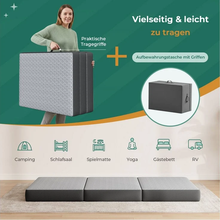 Klappmatratze 3-teilige Faltmatratze Gästematratze in grau Gästebett klappbar, Vesgantti, mit waschbarem Bezug, Camping Matratze, 10CM hoch, 15CM hoch – Bild 4