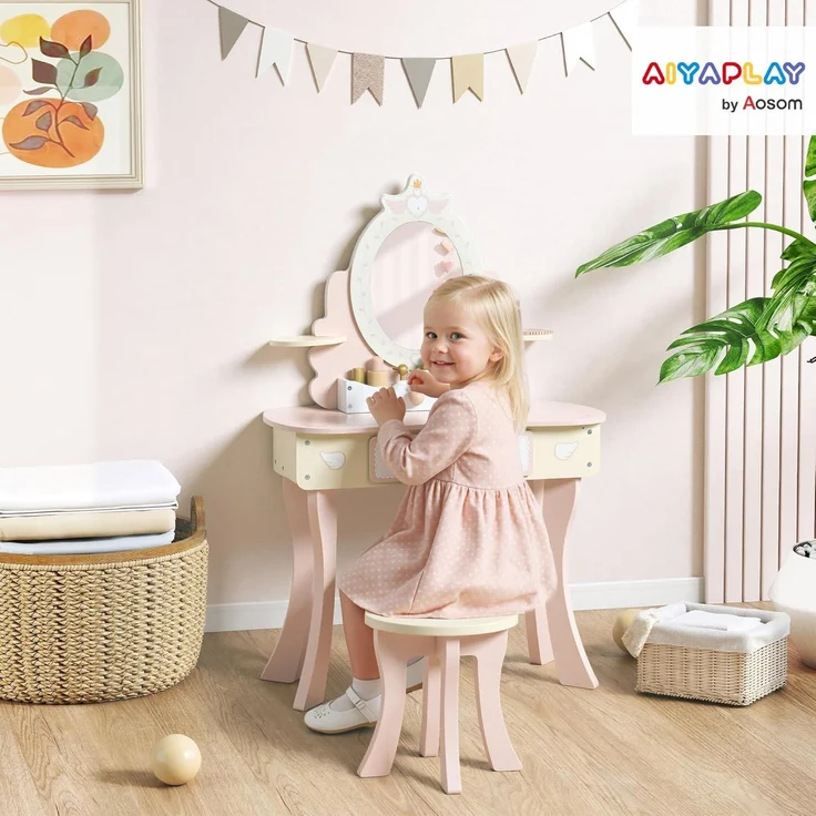 AIYAPLAY Schminktisch mit Hocker, Schublade, abnehmbar Spiegel, Regal, 7 Spielzubehörteilen (Frisiertisch, 2-St, 2-in-1-Kosmetiktisch), für Kinder ab 3 Jahre, Rosa – Bild 2