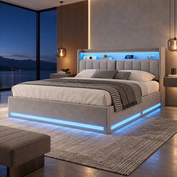 Simurq Polsterbett Bett 140x200 cm Stauraumbett mit LED Beleuchtung (1-tlg, USB + Type-C, Hydraulisches Bett mit Stauraum), Doppelbett, Bettgestell mit Bettkasten und Lattenrost, Samt