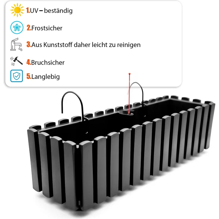 BigDean Balkonkasten Lattenzaun Optik in Anthrazit Optik aus wetterfestem & robustem Kunststoff 60 cm– Balkonkasten mit Halterung & Wasserstandsanzeige – Made in Europe – Bild 2