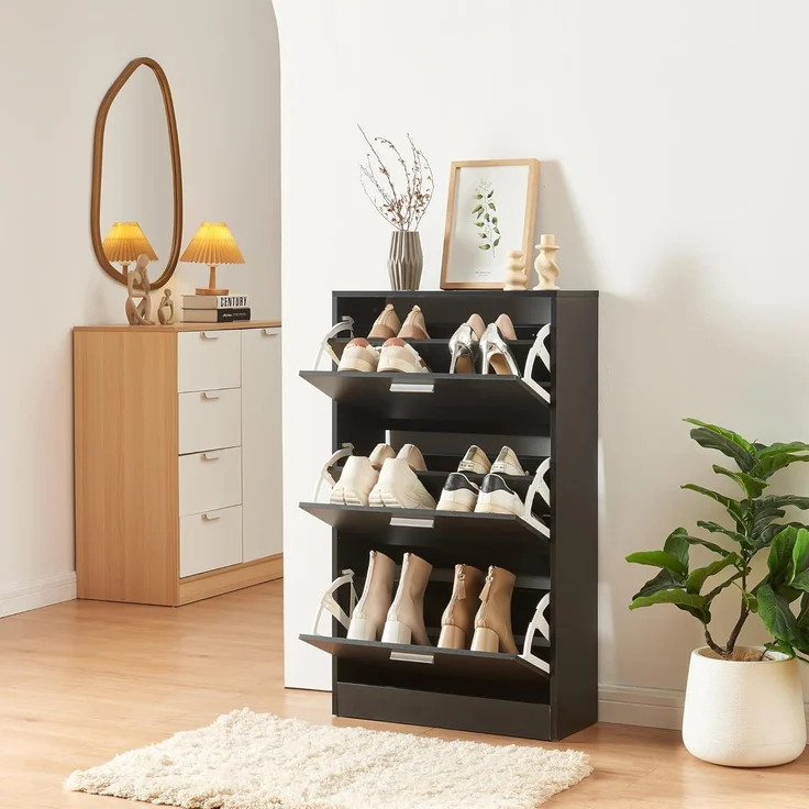 Schuhschrank Sykkylven 103x60x24 cm mit 3 Klappen Schwarz [en. casa] – Bild 1