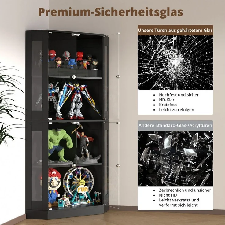 VOWNER Eckschrank Eckdisplay-Schrank mit Glastüren, 165 cm Beleuchtete Vitrine (1-St) 4-etagiges Regal mit Bewegungssensor, 3 Farblichtern – Bild 4