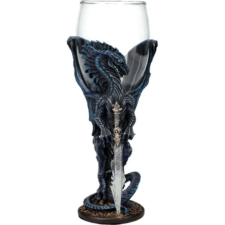 Figuren Shop GmbH Becher Glas Kelch Drache - Night Blade - Weinkelch / Weinglas Fantasy Drache, Kunststein (Polyresin), Glas