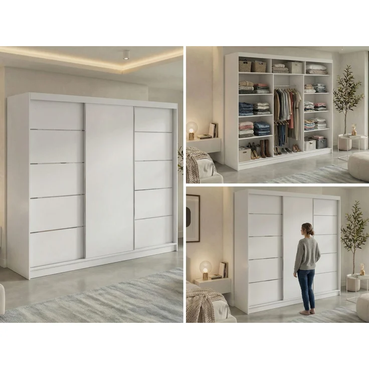 Moderner Schwebetürenschrank MACEDONIA, Kleiderschrank in Weiß Color, Breite 240 cm, minimalistisches Design, Inkl. Innenausstattung – Bild 2