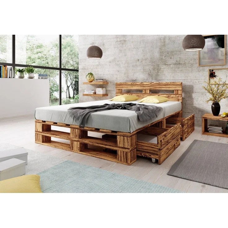sunnypillow Palettenbett M2 aus Holz mit Lattenrost und 2 Bettkästen, 2 x Bettschubladen Geflammt – Bild 1