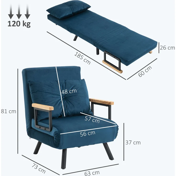 HOMCOM Relaxsessel mit Bettfunktion, Polstersofa mit verstellbarer Rückenlehne, Gästebett, Blau Samt, 63 x 73 x 81 cm – Bild 3