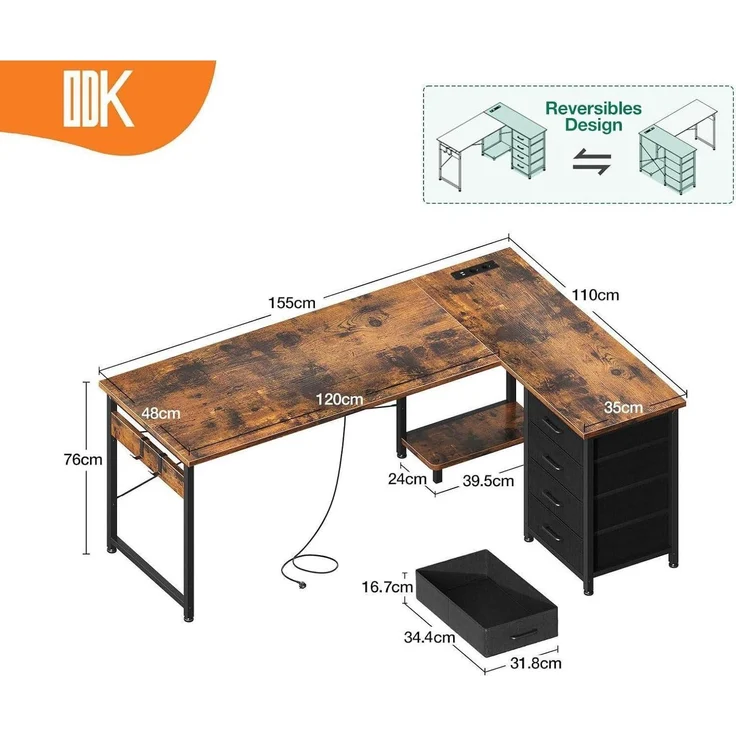 ODK Eckschreibtisch L Form Vintage-Braun 155x110 cm, Schubladen, Steckdosen, USB – Bild 3
