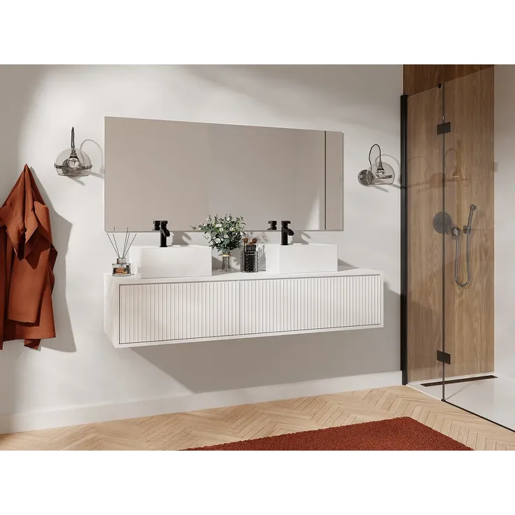 Vente-unique - ARNEGA Waschbeckenmöbel Holz, Platte Weiß - B 47 cm x H 32 cm x L 150 cm