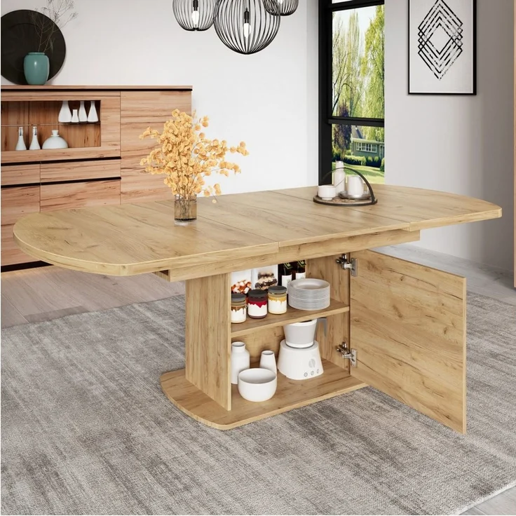 STILVORA Esstisch Ausziehbarer Freizeittisch ovaler Küchentisch mit Stauraum (mit Stauraum, ovales Design, 140/200×80×75cm, Multifunktionaler Tisch mit Aufbewahrung, Weiß/Silber Griff & MDF), für Esszimmer, Wohnzimmer, Arbeitsbereich und moderne Wohnungen – Bild 1