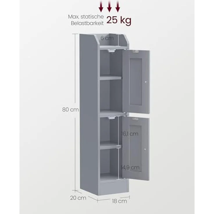 VASAGLE Siren Kollektion - Badezimmerschrank schmal, Badschrank, Eckschrank, verstellbare Ablagen, Hochschrank Bad, Türen nach Links oder rechts öffnend, Landhausstil, Taubengrau BBK312GD02 – Bild 3