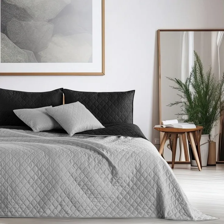 DecoKing Tagesdecke Bettüberwurf 200x220 cm Schwarz Grau Steppdecke Überwurf Zweiseitig Gesteppt Prägemuster Rauten Anthrazit Stahl Axel 200x220 cm