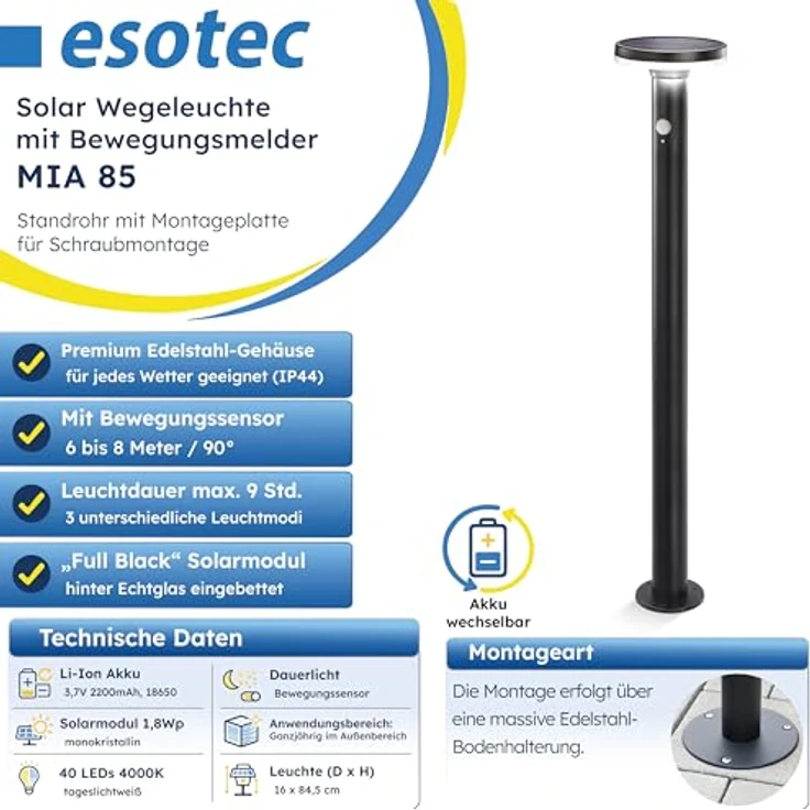 Esotec Solar PIR Standleuchte Mia 85, Edelstahl-Gehäuse, 40 LEDs, Bewegungsmelder, schwarz, H=84,5cm, winterfest, Li-Ion Akku – Bild 2