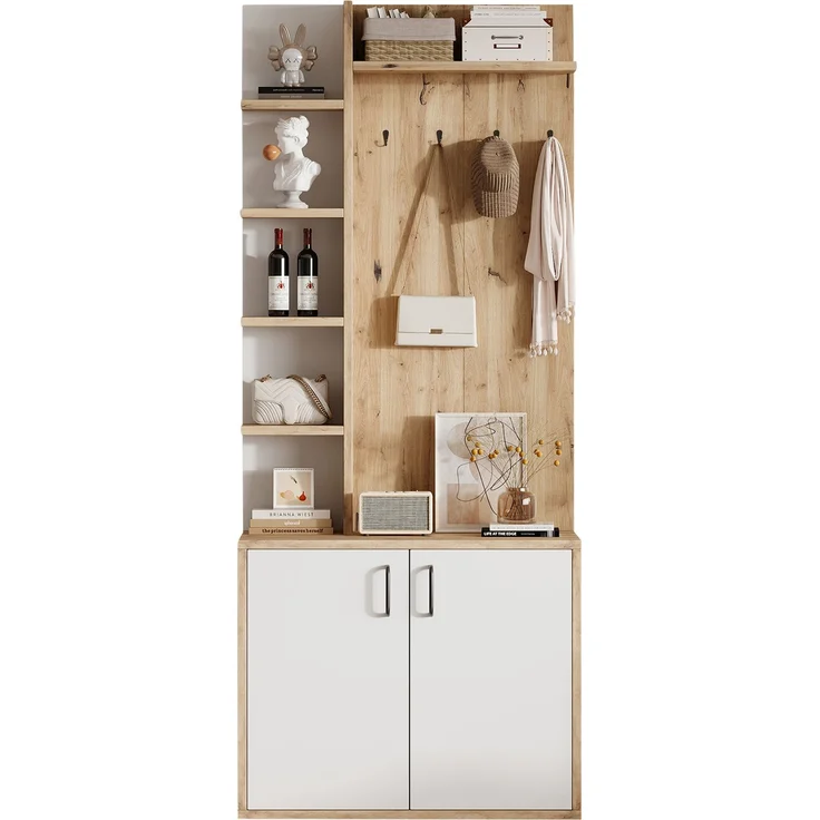 75*33*180cm Garderobenständer mit Garderobe, Schuhaufbewahrung, Flurausstattung mit Kleiderhaken, Flurschrank mit 5-lagiger Stauraumeinteilung und Stauraumschränken, Original Holzfarbe + weißes – Bild 10