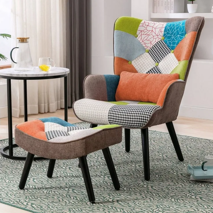 HomeMiYN Ohrensessel Relaxsessel Lehnstühle Patchwork Ohrensessel mit Hocker lesesessel, Chair