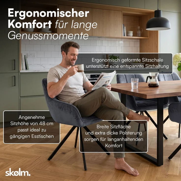 skølm 'Sköll' Esszimmerstühle, 6er Set, dunkelgrau, gepolstert mit Samt-Bezug, höhenverstellbar & drehbar, Polsterstühle mit Armlehnen, bis 150 kg belastbar – Bild 6