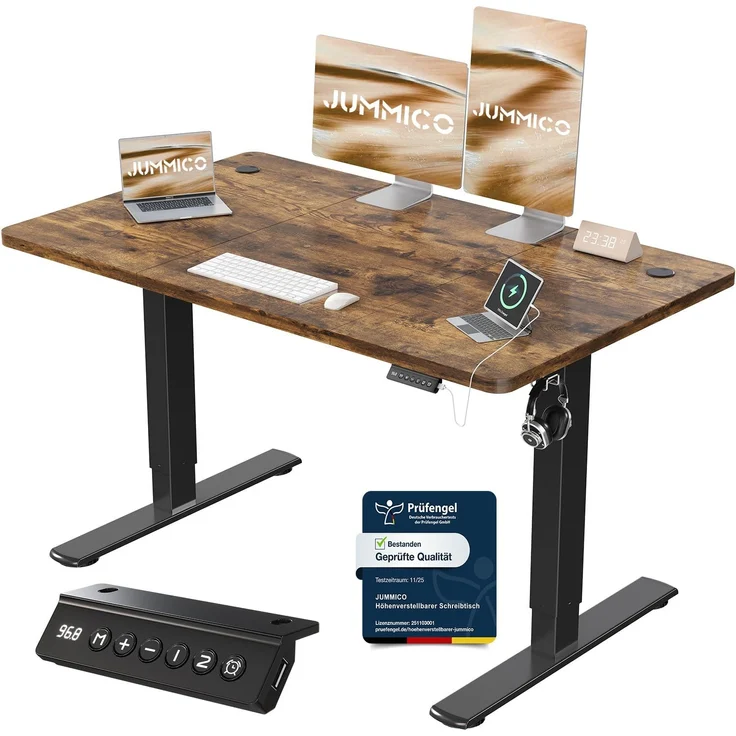 JUMMICO Schreibtisch elektrisch höhenverstellbar mit USB-Ladeanschluss, Braun, 120x60 cm