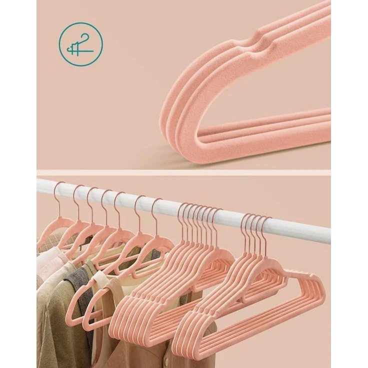 SONGMICS Kleiderbügel Samt, 30er Set, Bügel, rutschfest, kleine Stange für Krawatten, 360° drehbarer Haken, 0,6 cm dick, platzsparend, 43,5 cm lang, für Mäntel, Hosen, Roségold-Hellrosa – Bild 3